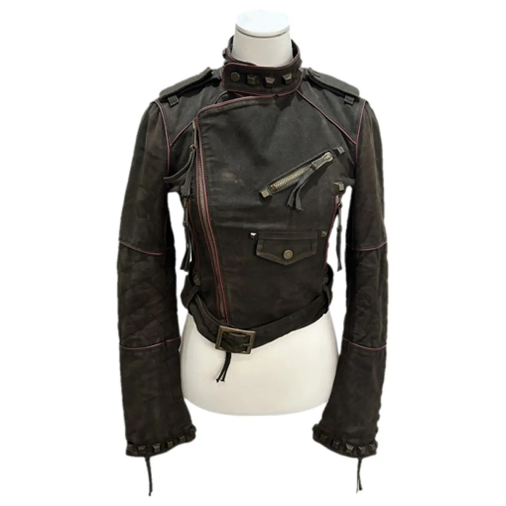 ISO!!!! DSQUARED Dark Brown Leather Jacket with Red Stitching and studs